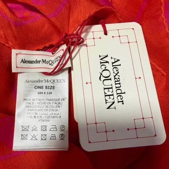 Authentic NEW Alexander McQueen Skull Motif Silk Scarf Bright Orange & Pink - Picture 6 of 9